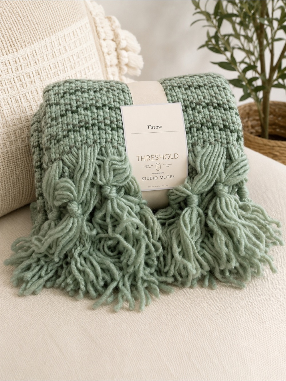Studio McGee Mint Sage Knit Throw with Fringe